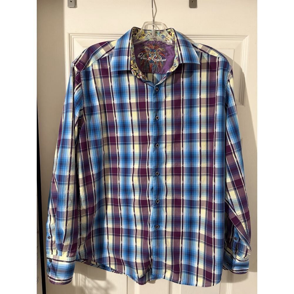 Robert Graham Shirt Sz Large Flip Cuff Dress Plaid Blue Purple Lion Head
